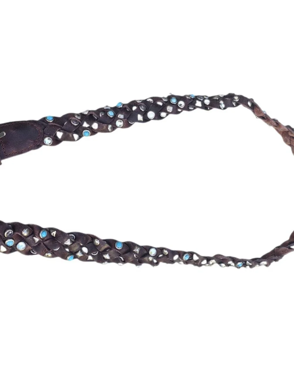 Western Festival Braided Brown Leather Belt  Studded Faux Turquoise Crystal LG
